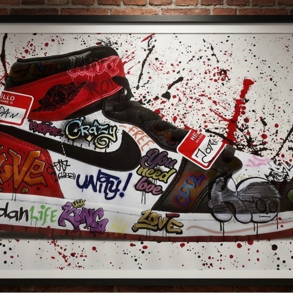 Jordan 1 OG Graffiti" wall art canvas print featuring street art design.
